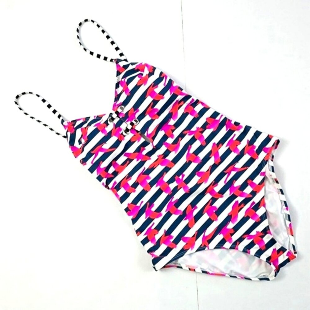 Design Lab Women's One Piece Swimsuit Stripes Bird Print Navy Pink Purple Size M